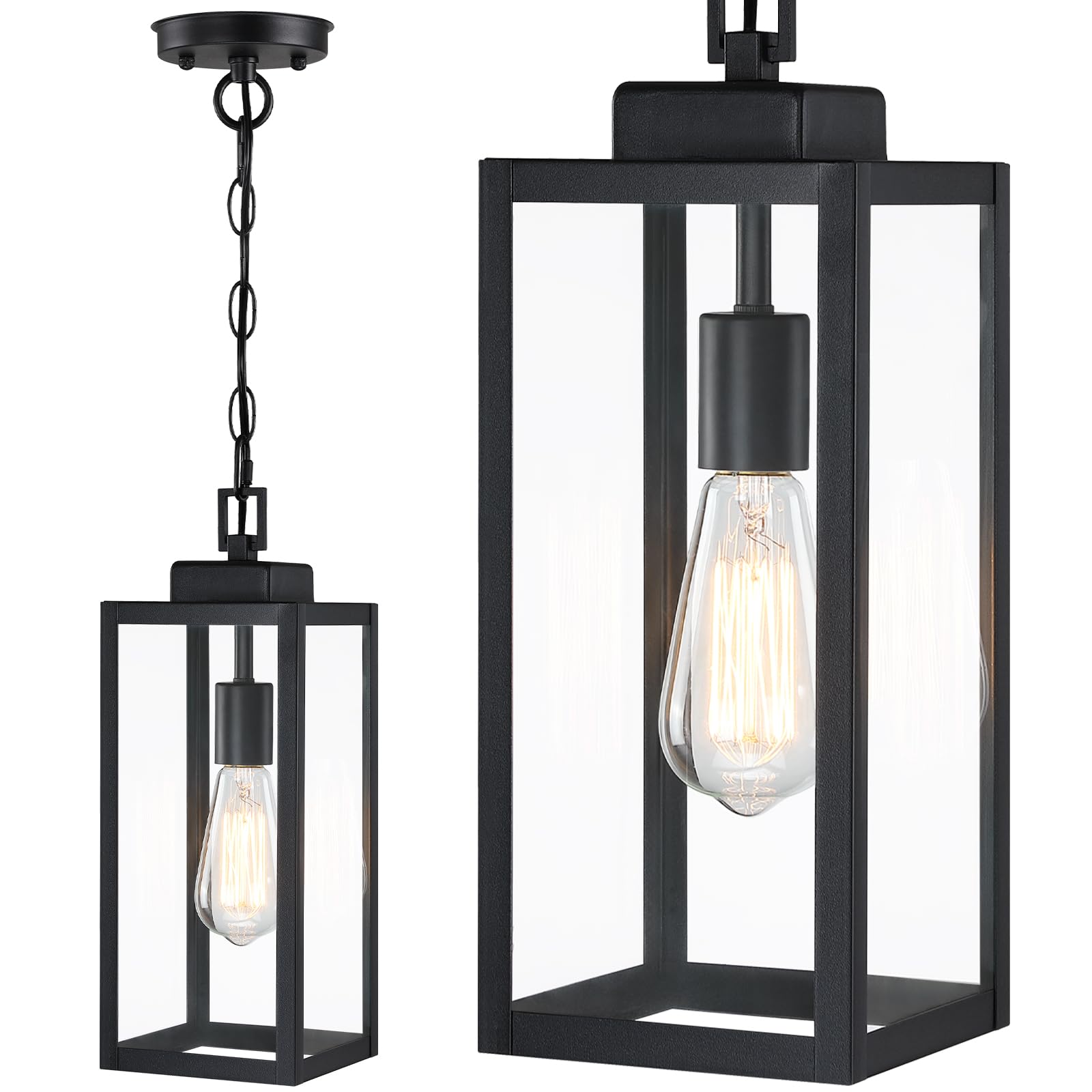 Photo 1 of 15'' Large Outdoor Pendant Light, Modern Outside Chandelier Outdoor Hanging Lantern Light, Matte Black with Clear Glass, Exterior Pendant Lighting Fixture Ceiling Mount for Porch, Gazebo, 1Pack
