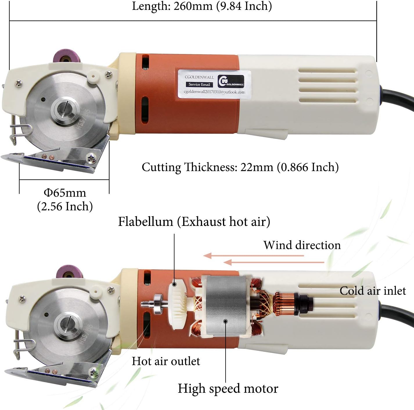 CGOLDENWALL YJ-65 Electric Fabric Cutter with 22mm Max Cutting Thickness& 2400rpm Blade Rotating Speed& 65mm Blade Size& Automatic Sharpening Function- Ideal for Textile/Leather/Paper Cutting 220V CE - Image 4