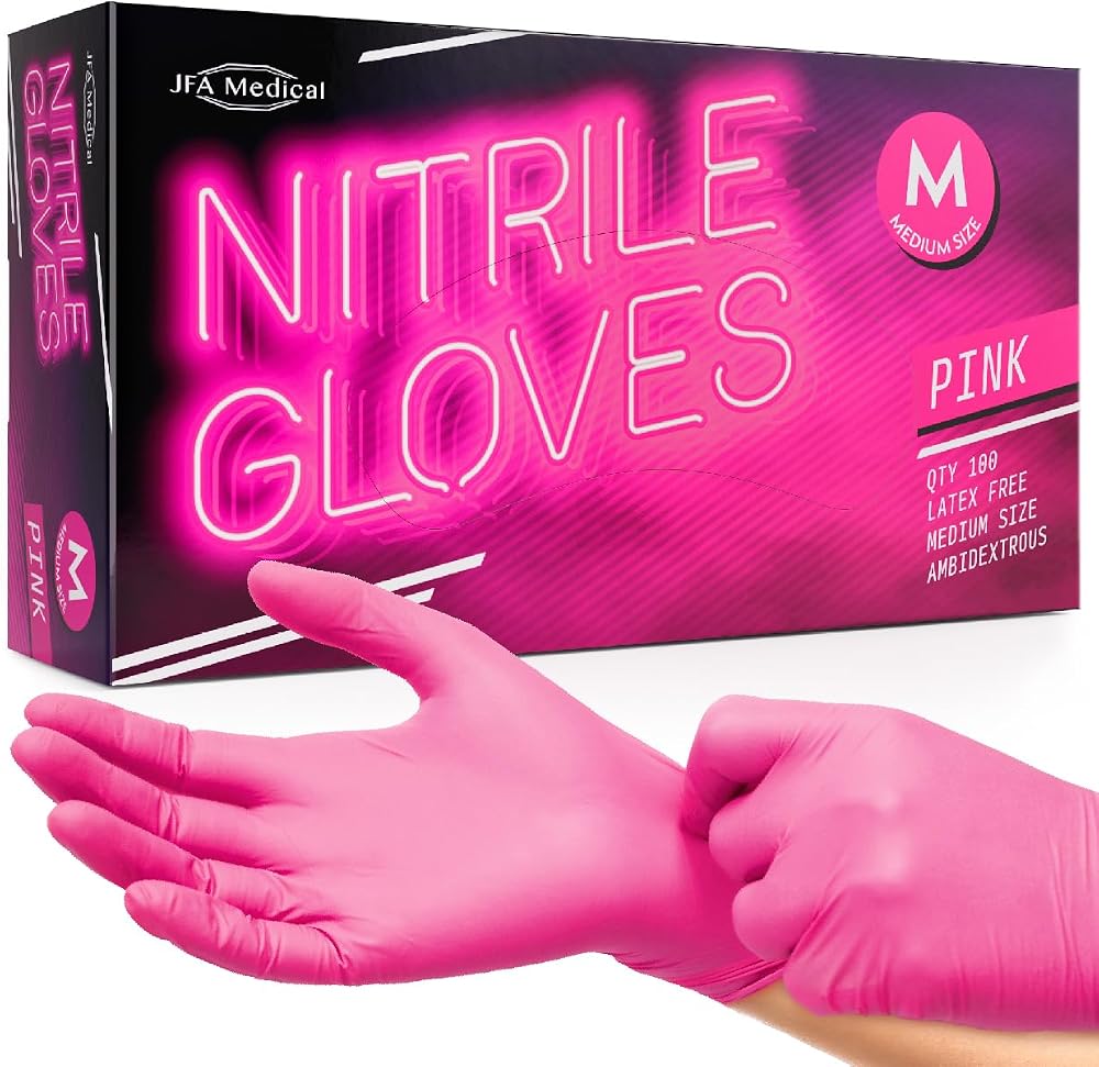 JFA Medical Pink Nitrile Gloves Box of 100 Medium Ambidextrous Powder Free