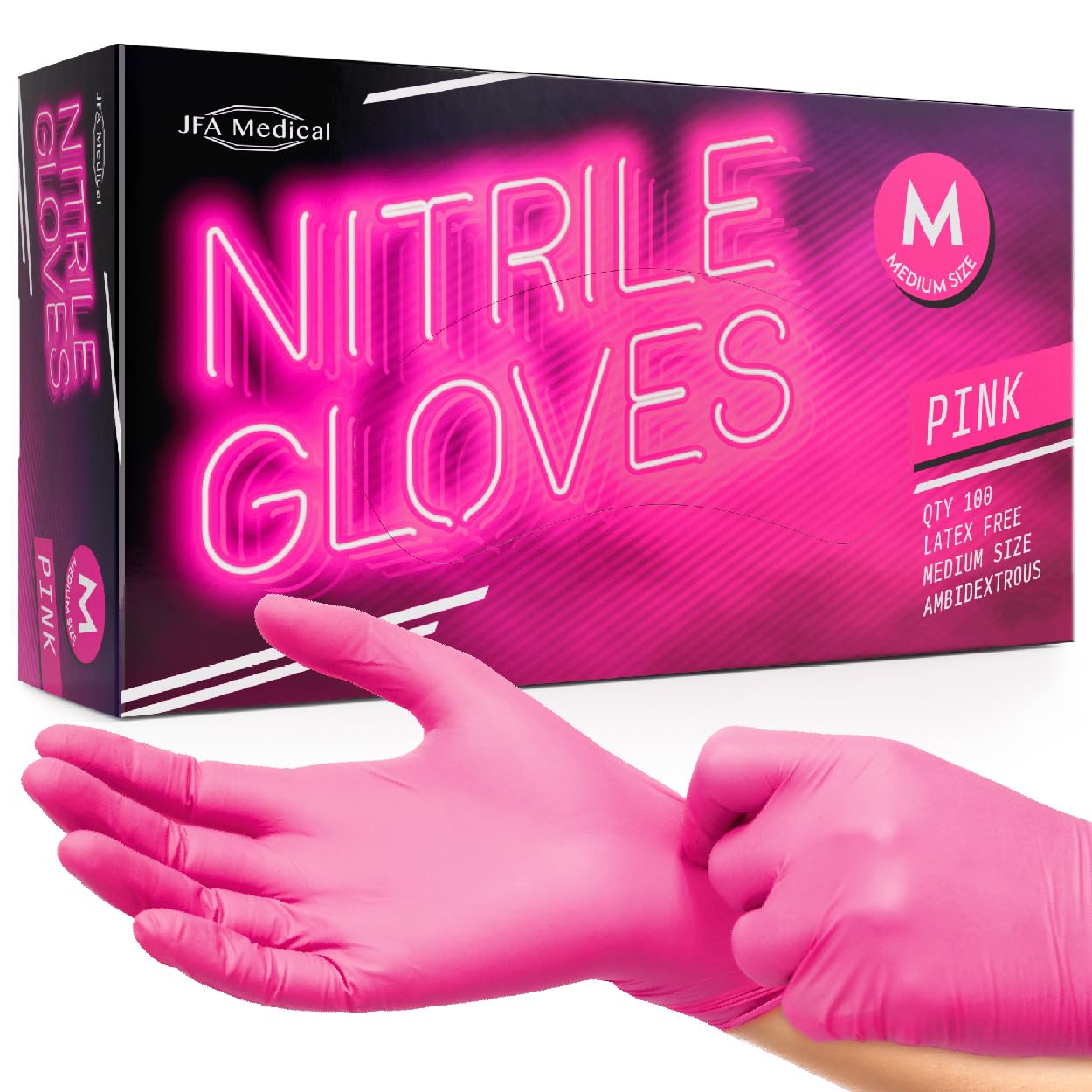 JFA Medical Disposable Powder Free Pink Nitrile Gloves - Box of 100 (Medium)