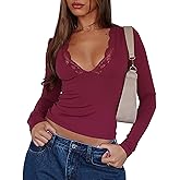 ZREQV Women's Long Sleeve Crop Tops Sexy V Neck Trim Lace Tees Y2K Spring Fashion Slim Fitted T Shirts Going Out Tops