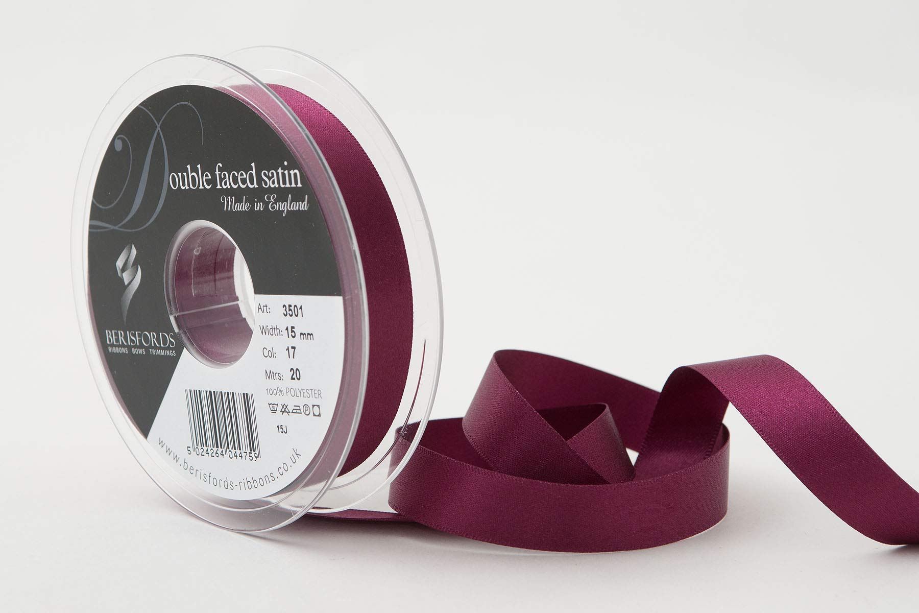 Berisfords Double FACE Poly Satin Ribbon, Wine, 15 mm