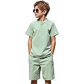 Arshiner Boy's 2 Pieces Linen Set Casual Henley Shirts Short Sleeve Beach Shorts Summer Shorts Outfits