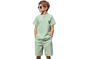 Arshiner Boy's 2 Pieces Cotton Linen Set Casual Henley Shirts Short Sleeve Beach Shorts Summer Outfits for 5-12 Years