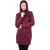 SAOL Ladies Irish Aran Zip Cardigan - 100% Merino Wool Coat with Pockets and Hood, Made in Ireland