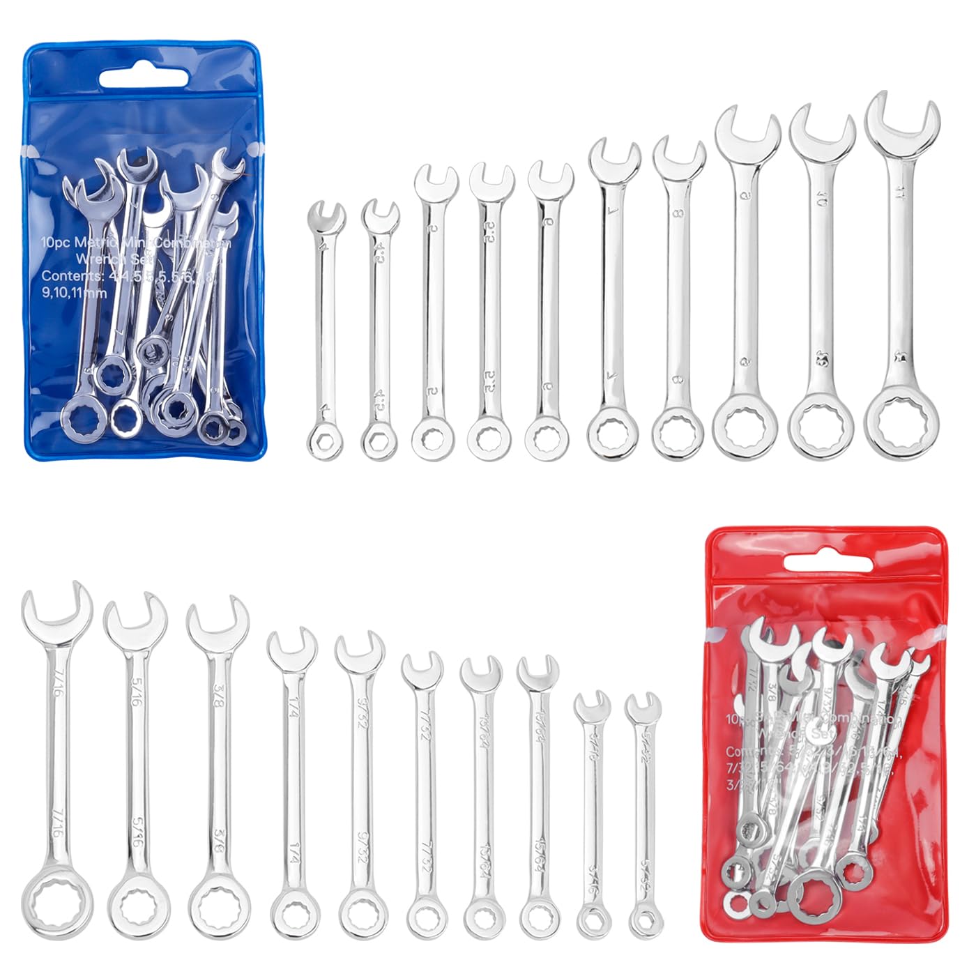 Mesee 20 Pieces Mini Wrench Set, Metric & SAE Combination Wrench Set 4-11mm & 5/32"-7/16" Open and Box End Wrenches Small Ignition Wrench Spanner Tools for Car Bike Furniture Machine Repairs