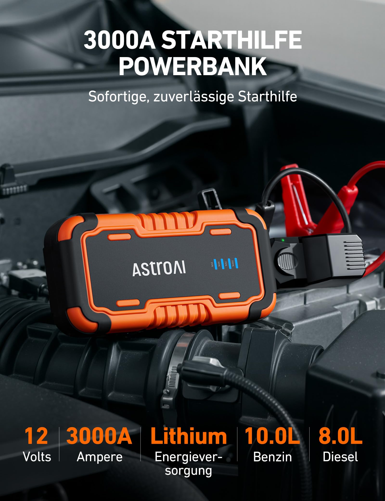 AstroAI P10 Starthilfe Powerbank für pkw, Auto Starthilfe Powerbank, funktioniert mit 10,0L Benzin und 8,0L Diesel, tragbarer Booster Auto Starthilfe für 12V Autos, Motorräder, inklusive LED 2