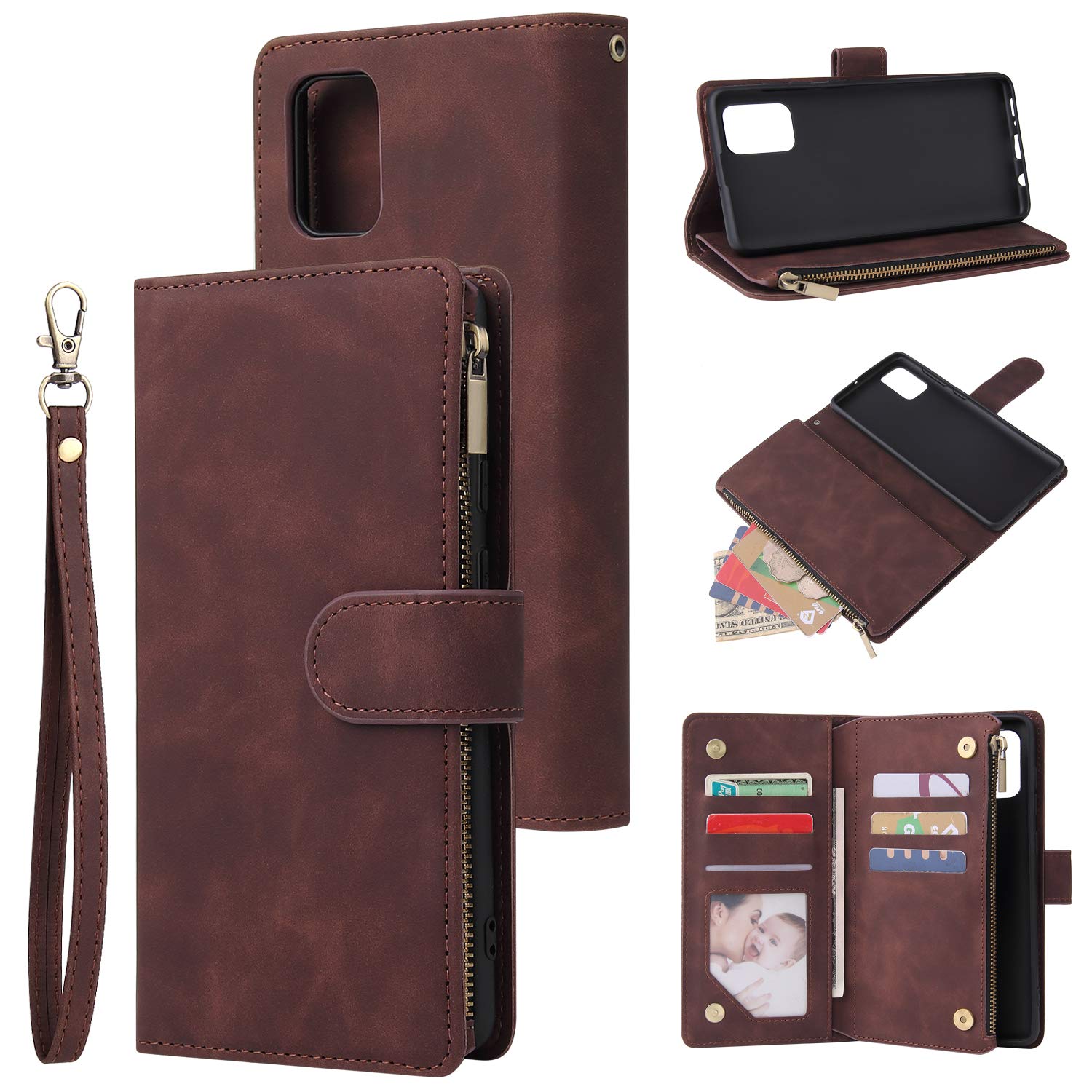QLTYPRI Case for Samsung Galaxy A71, Large Capacity Leather Wallet Case 6 Card Holder & 1 Zipper Pocket Kickstand Wrist Strap Magnetic Protective Cover for Samsung Galaxy A71 - Coffee Brown