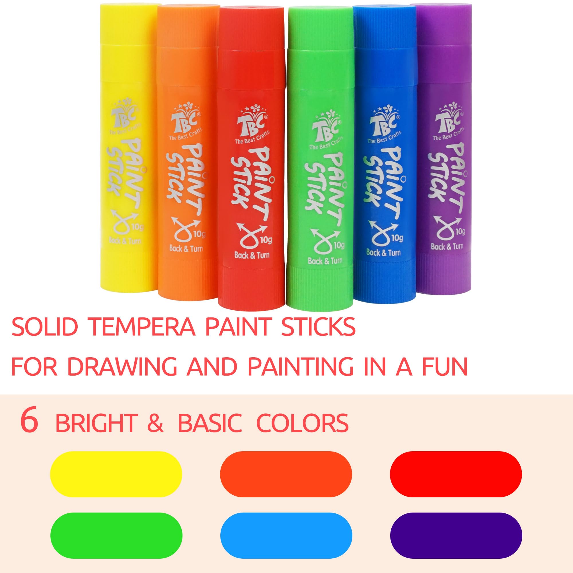 TBC The Best Crafts Paint Sticks, 6 Classic Colors, Washable, Non- Toxic, Tempera Paint Sticks for Kids and Student(6 Colors)