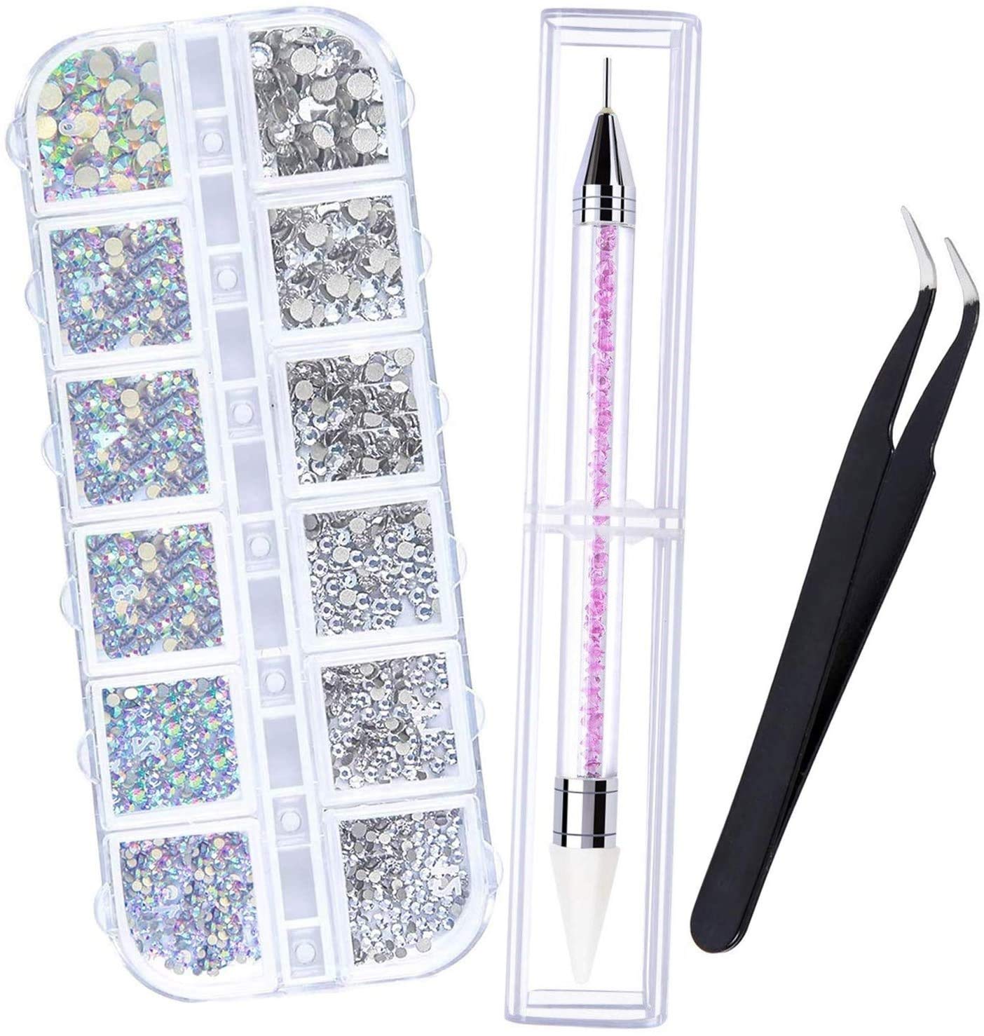 1500PCS Rhinestones-6 Sizes Flat Back Gems,Crystal AB Rhinestones Nail Art Gems with Pick Up Tweezers and Rhinestone Picker Dotting Pen For Nails