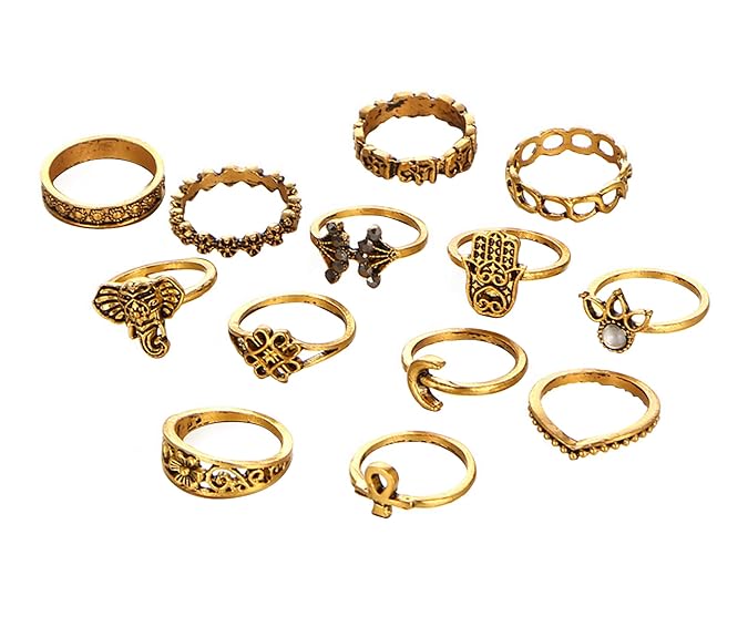 AmDxD 13 Stücks Ring Set Damen Buddha Krone Elefant Blume Midi Ring Vergoldet Ringset Verstellbar