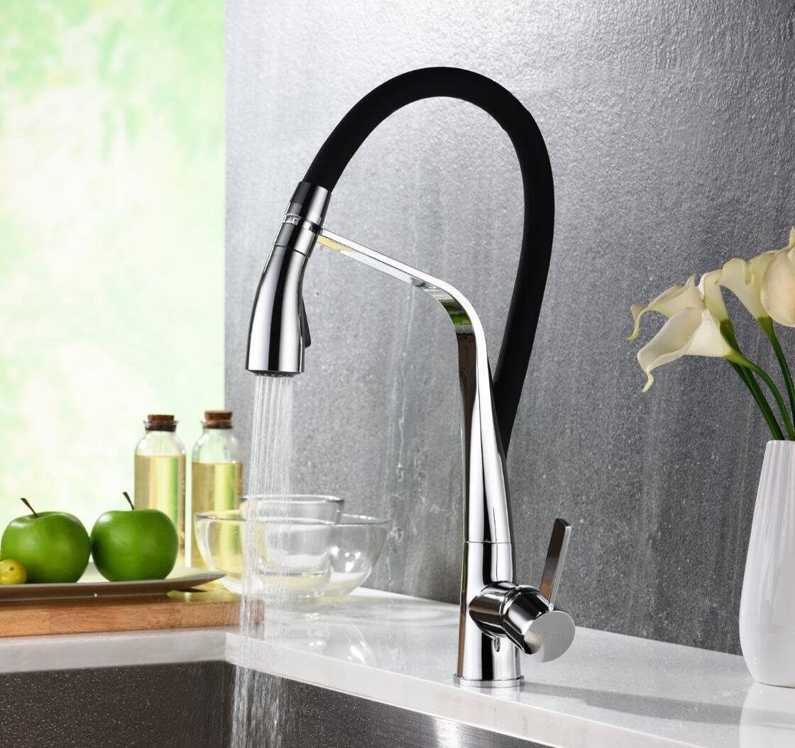 MLFMHR Kitchen faucet Solid Brass Pull Out Spray Kitchen Sink Mixer Taps Rubber Chrome, Black Color [Energy Class A]