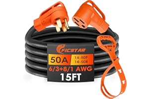 FICSTAR 15FT 50 Amp RV/Generator Extension Cord Outdoor with Grip Handle,125/250V,12500W, 4 Prong,Heavy Duty 6/3+8/1 Gauge STW,NEMA 14-50P to 14-50R,ETL Listed