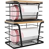 TIDIIABODE 2 Pack Stackable Storage Laundry Kitchen Organizers, Wall Mount Trash Bag Holder with Bamboo Top and Garbage Bag Dispenser No Drill