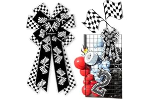 Glodecart Large Sports Wreath, Checkered Flag Bow for Front Door, Black and White Checkered Flag Wreath for Sport Team Celebration Decoration Party Supplies Indoor Outdoor Ornament