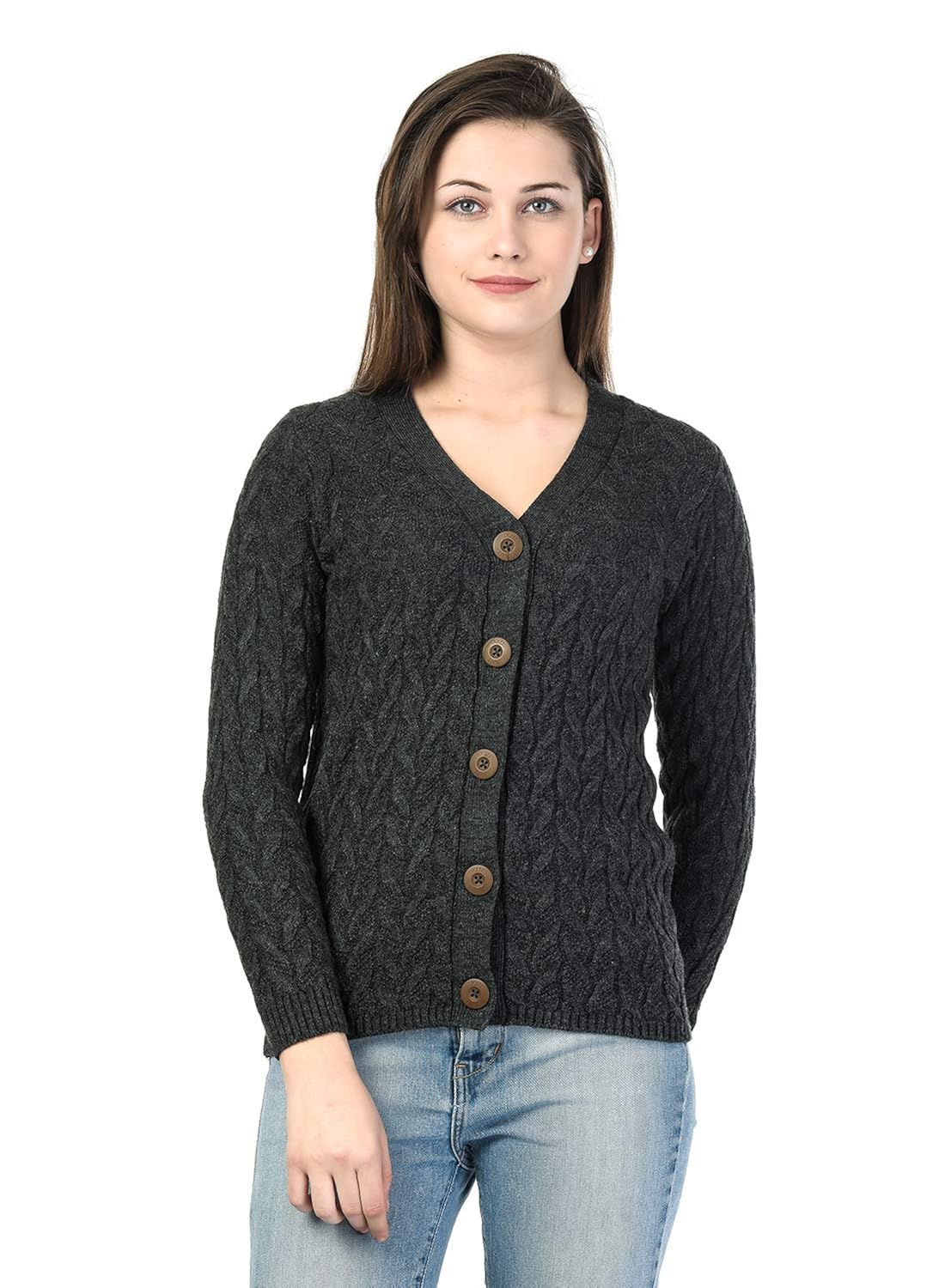 kalt women's full sleeves cable button acrylic sweater