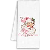 Dimurela Pink Christmas Santa Kitchen Towels, Retro Hand Towels Decor for Girls Bathroom, Trendy Dish Towel, Coquette Bow Tea Bar Waffle Towel for Dorm Holiday Home 16x24in