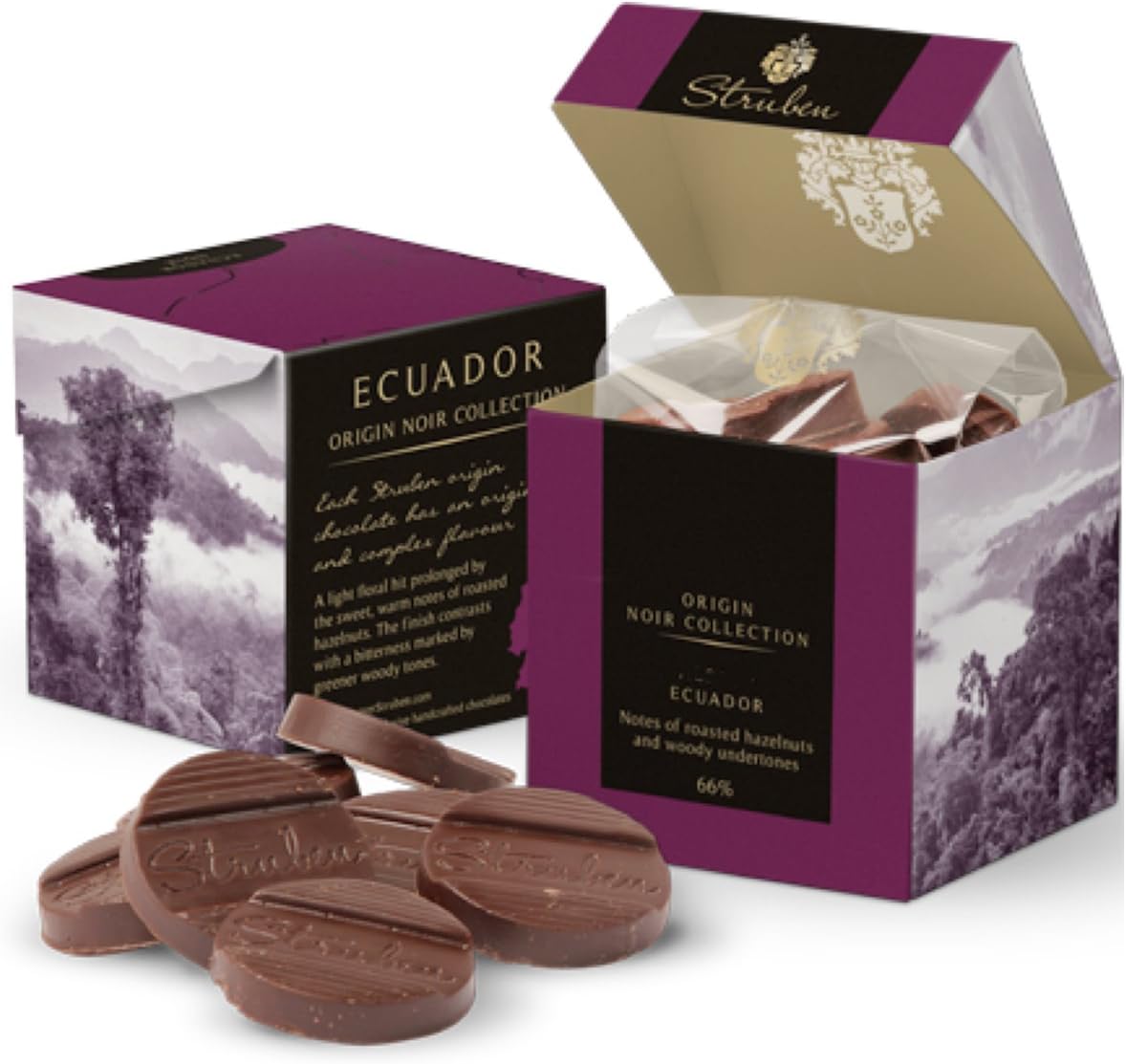 Struben Origin Ecuador Couverture Noir Chocolate - 66% cocoa - Notes of roasted hazelnuts and woody undertones - Each Struben origin chocolate has an original and complex flavour - 18 exclusive handcrafted chocolates