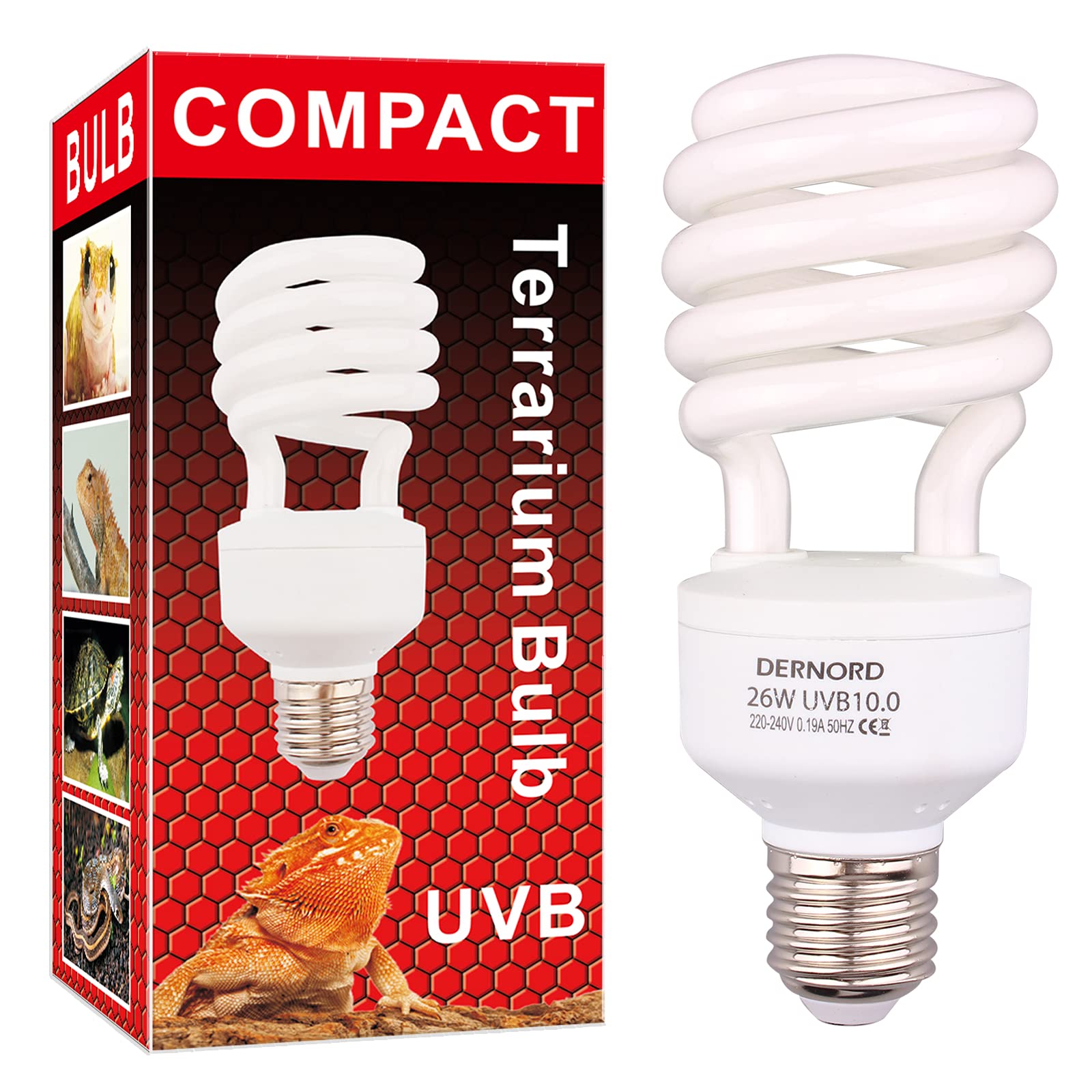 DERNORD Light Bulb UVB Bulb - 10.0 26W UVB Light Reptile Kit UVA UVB Bulb Heat Lamp for Reptiles Bearded Dragon Tortoise