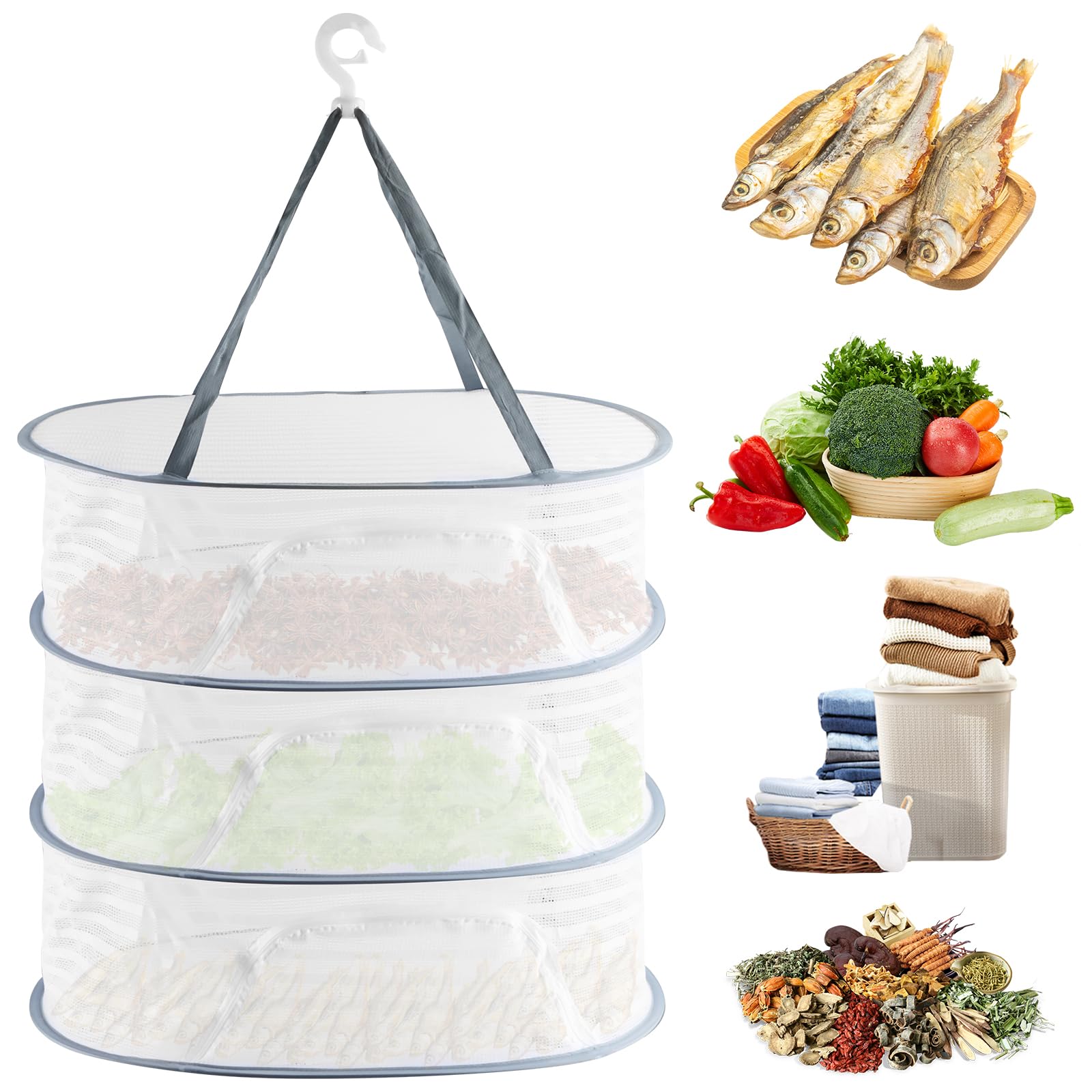 3 Layers Herb Dryer Hanging Drying Net for Plants with Zips, 40 x 60 cm Foldable Drying Net for Meat, Herbs, Vegetables, Plants, Fruits