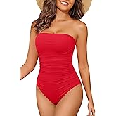 Holipick Women Tummy Control One Piece Swimsuits Strapless Bandeau Bathing Suits Slimming Halter Swimwear