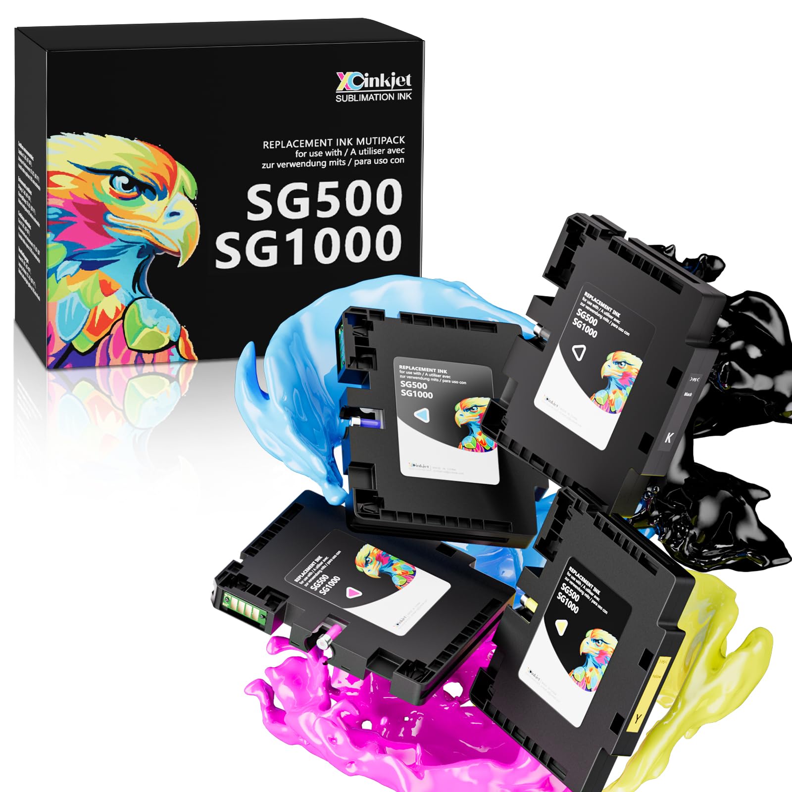 Photo 1 of 3.9.0 SG500 SG1000 Sublimation Ink Cartridges Compatible Replacement for Sawgrass SG500 SG1000 Printers, Upgraded Chips, Compatible with All Firmware Versions (BK, C, M, Y, 4PK)