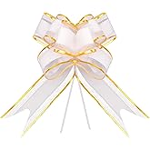 Moikolok Christmas White Bows for Gift Wrapping, 12 PCS Pull Bow Bulk for Presents Package, Baskets, Xmas (White with Tulle & Gold line, 6 inches)