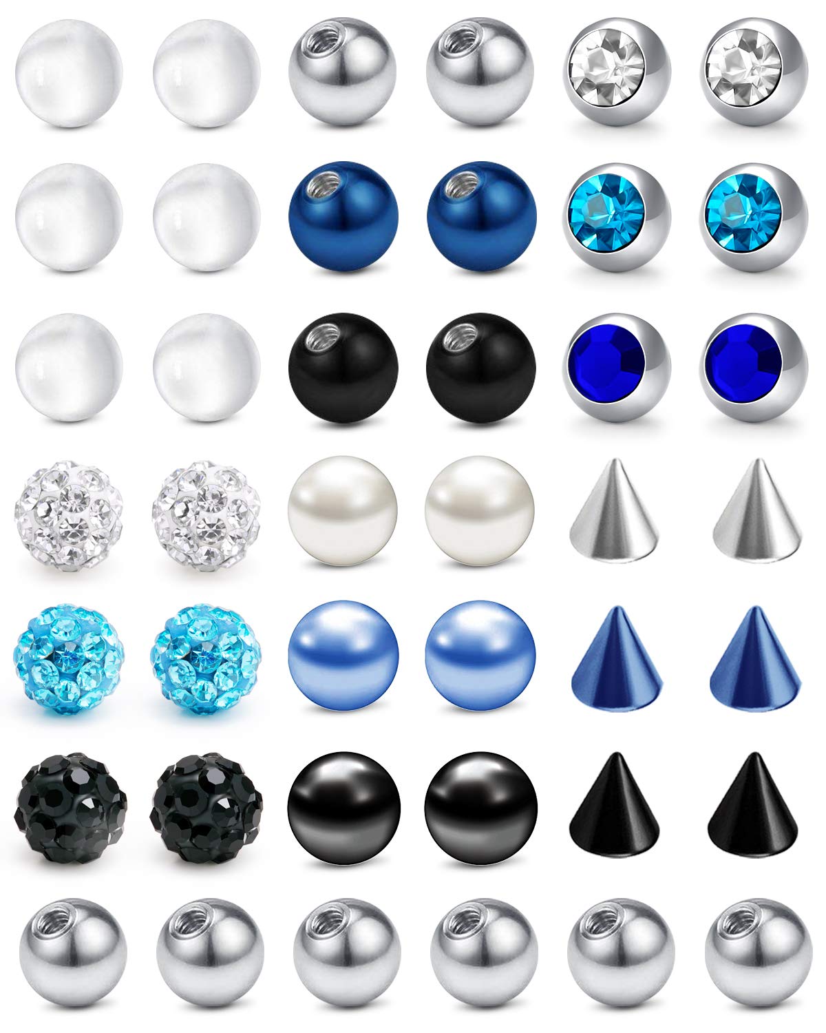LAURITAMI 49PCS 14G Mix Color Replacement Piercing Balls Stainless Steel&Clear Acrylic Parts for Industrial Barbell Nipple Rings Tongue Bars Jewellery