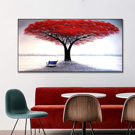 Amazon キャンバスの赤い木の絵の下の椅子ポスター印刷居間の家の装飾壁画のための北欧の壁の芸術の絵60x1cmフレームレス ウォールステッカー オンライン通販