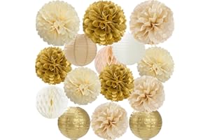 Gold White Champagne Beige Paper Flowers Tissue Pom Poms Honeycomb Lanterns 15pcs Party Decorations Engagement Birthday Wedding Baby Bridal Shower Hanging Supplies Mprocherify