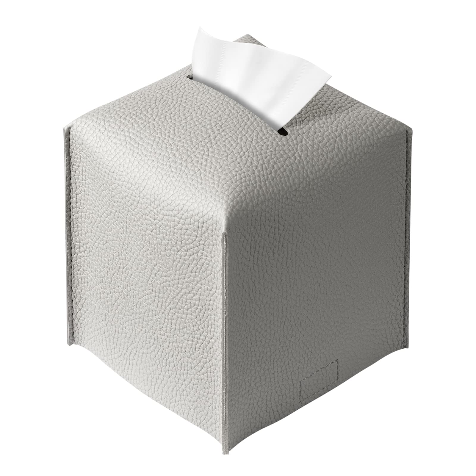 Photo 1 of REGELETO Square Tissue Box Cover, Pu Leather Tissue Box Holder with Bottom Belt Modern Stylish Tissue Box Organizer for Bathroom, Bedroom, Hotel, Office Desk 5"X5"X5"-Grey