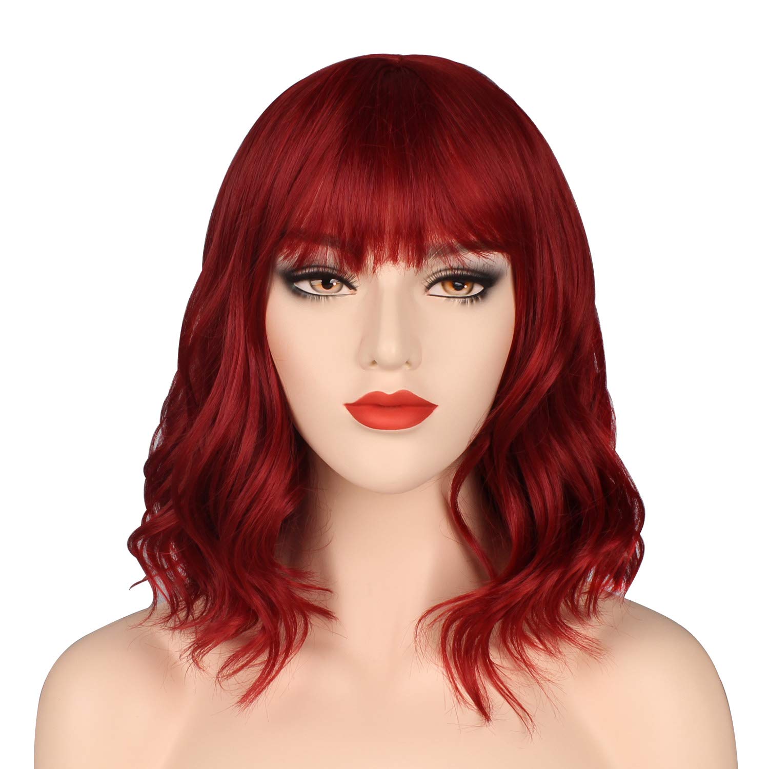OKVGO Short Curly Bob Wig with Wig Cap for Women Cosplay Party and Daily Use Dull Red