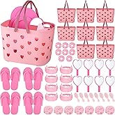 Pickmesh 8 Sets Spa Party Supplies Sleepover party with Pink Basket Heart Mirror Headband Satin Hair Scrunchies Hair Brush Loofah Disposable Slipper for Birthday Gift