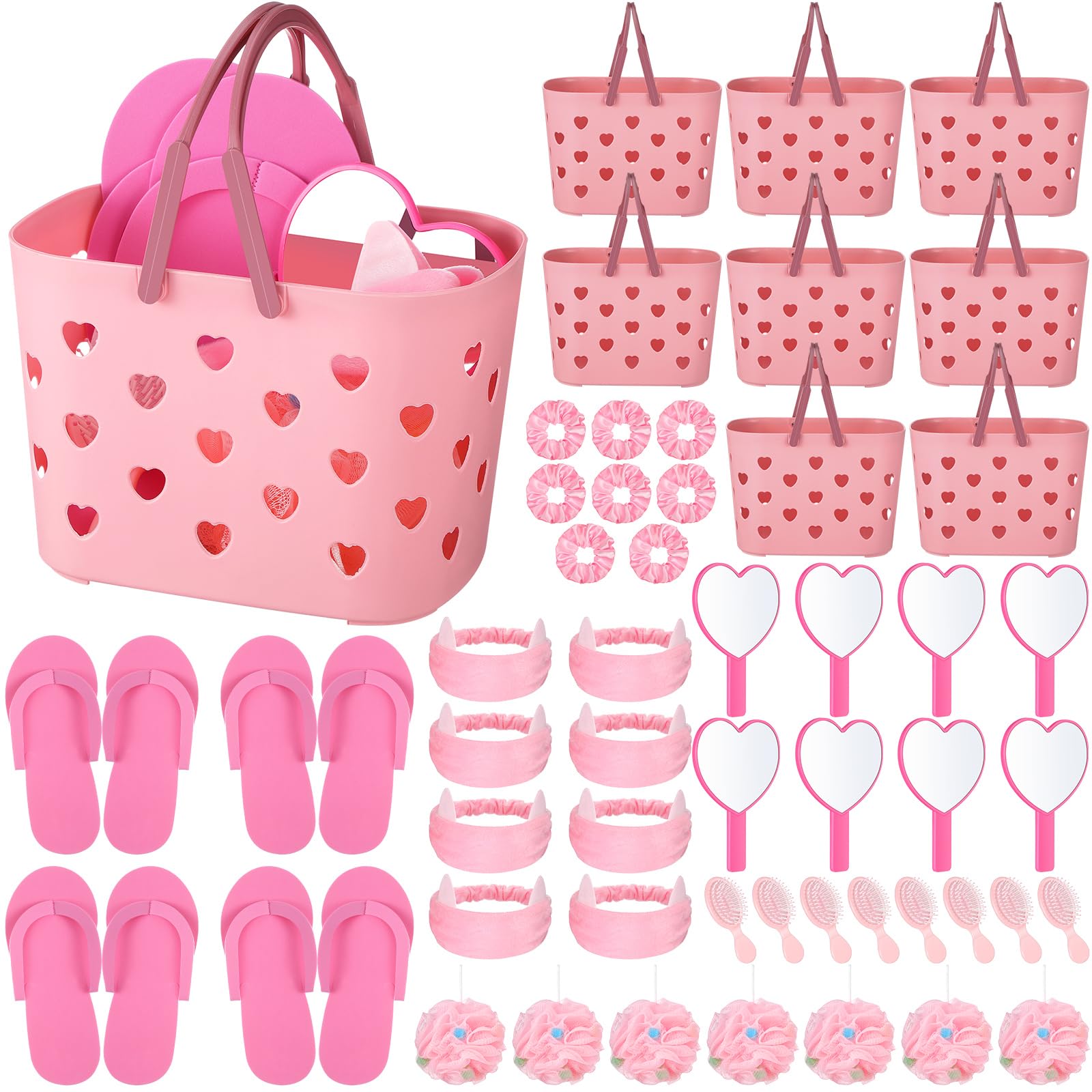 Photo 1 of Pickmesh 8 Sets Spa Party Supplies Sleepover Party Favors with Pink Basket Heart Mirror Headband Satin Hair Scrunchies Hair Brush Loofah Disposable Slipper for Birthday Gift