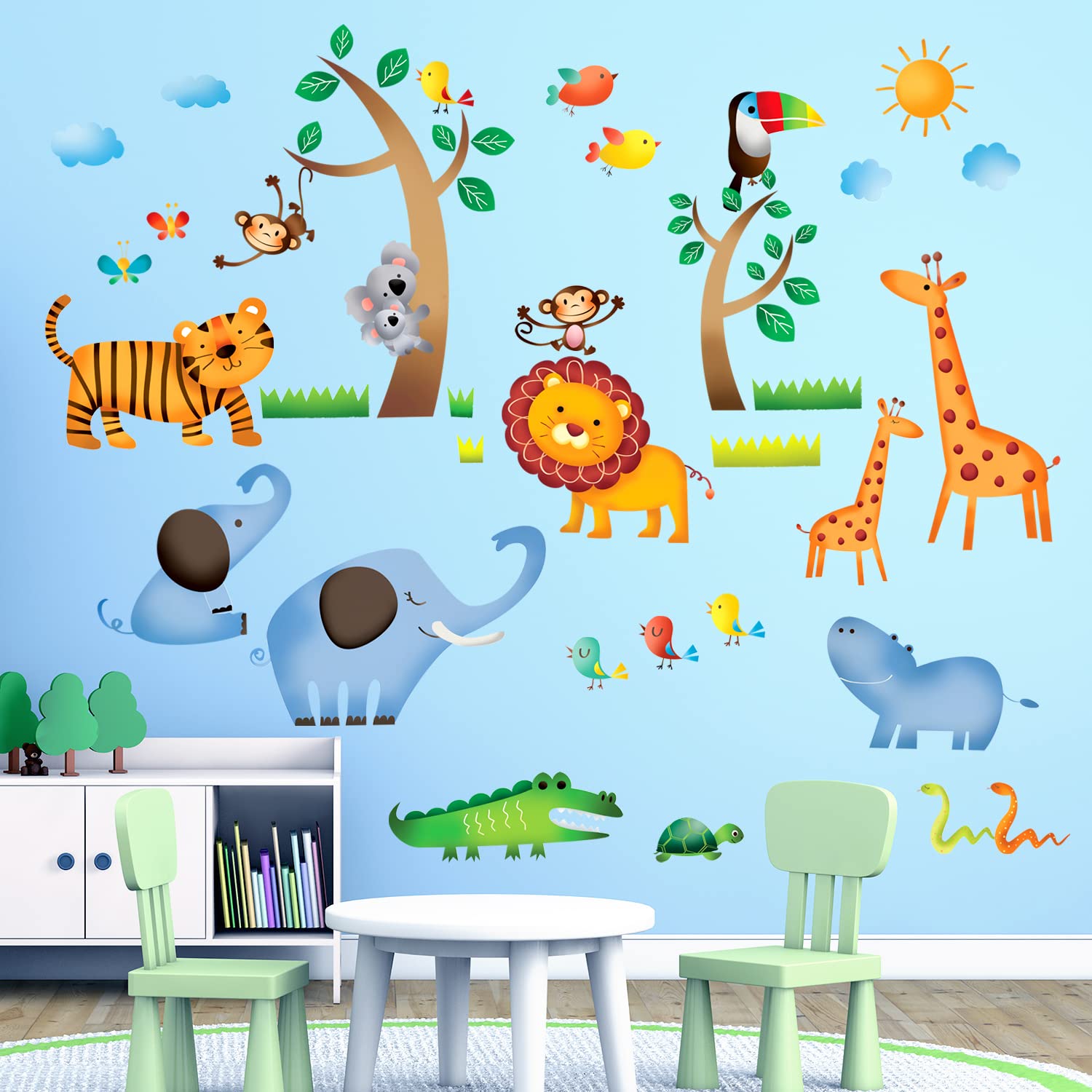 DECOWALL DW4-1206 Cartoon Jungle Animals Kids Wall Stickers Safari Giraffe Tree Monkey Decals Removable Nursery Bedroom Living Room Playroom Art Decor Decoration