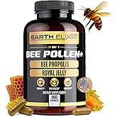 Earth Elixir 3-in-1 Organic Bee Pollen Capsule – Non-GMO, Pure Raw Bee Pollen, Royal Jelly, Propolis Extract for Women & Men – Natural Energy, Immune & Vitality Support – 180 Propolis Capsules