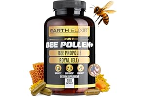 Earth Elixir 3-in-1 Organic Bee Pollen Capsule – Non-GMO, Pure Raw Bee Pollen, Royal Jelly, Propolis Extract for Women & Men – Natural Energy, Immune & Vitality Support – 180 Propolis Capsules