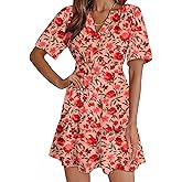 Dokotoo Womens Summer Dresses 2025 Boho Floral Short Sleeve V Neck Smocked Waist Casual A-Line Swing Mini Dress Sundress