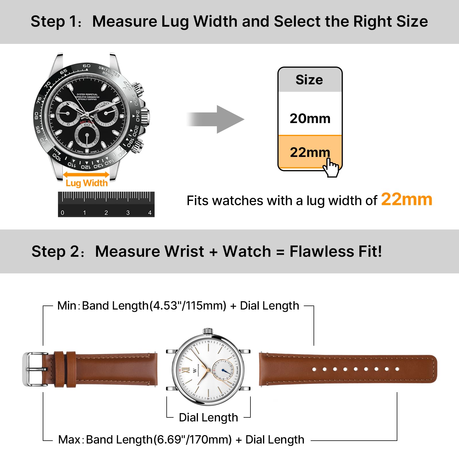 Fullmosa 18mm 20mm 22mm Leather Watch Bands Quick Release Watch Strap for Men Women, 2 Pack Soft Replacement Strap Wristband with Stainless Steel Buckle