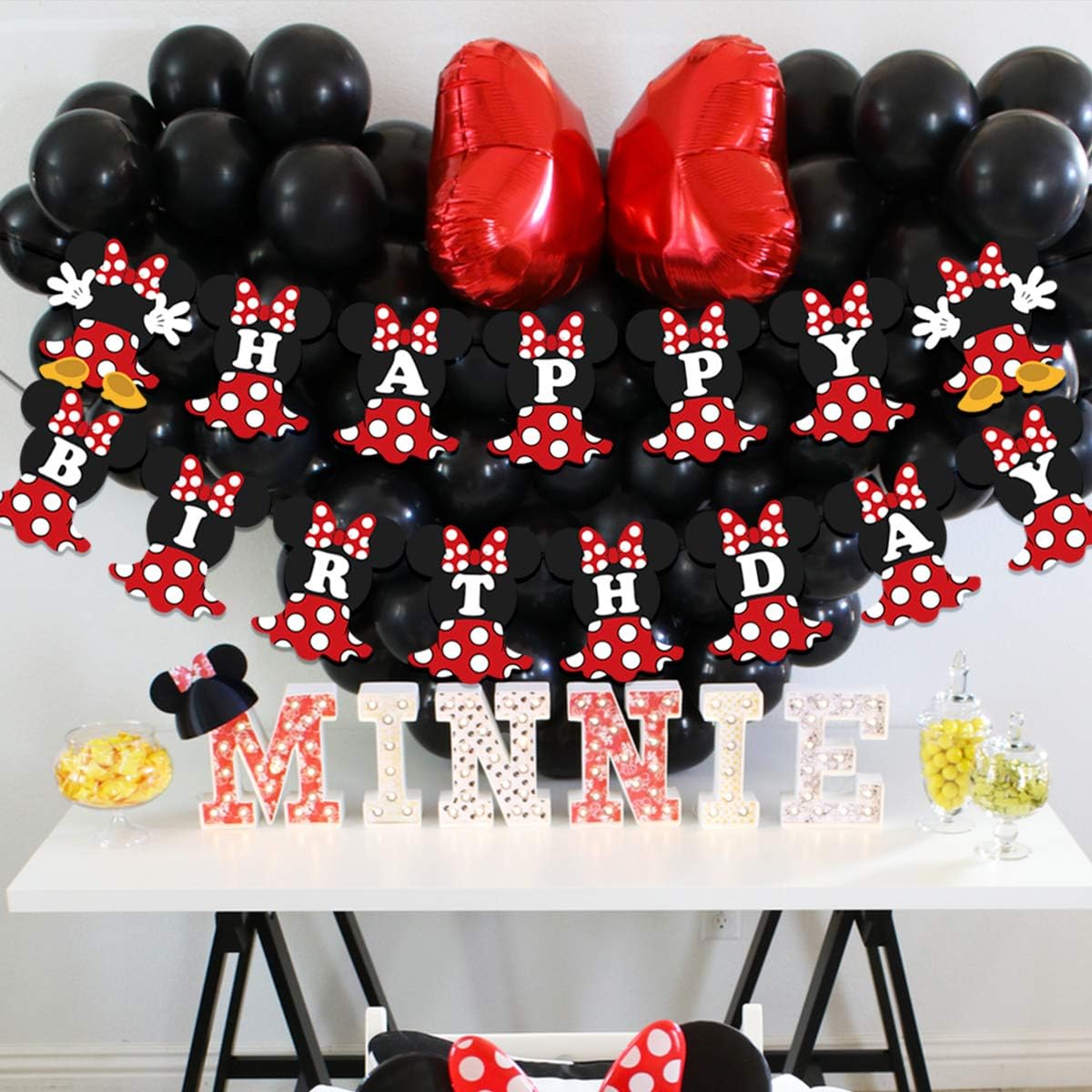 2nd Birthday Decoration Set Themed of Minnie Mouse Red and Black, Oh Twodles Happy Birthday Banner Ear Headband Second Birthday Party for Girl: Toys & Games