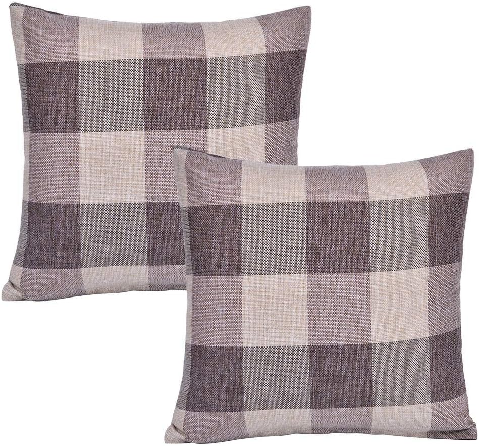 SEEKSEE Set of 2 Buffalo Check Brown and White Plaid Throw Pillow Covers Cushion Cover Cotton Linen for Fall Farmhouse Decor, 20 x 20 Inches