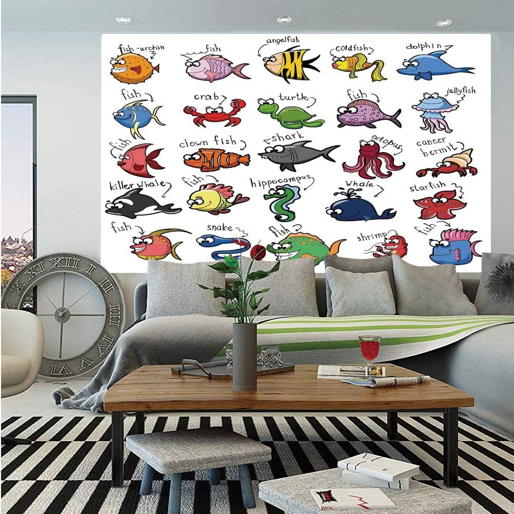 SoSung Nautical Decor for Kids Wall Mural,Aquarium Cartoon Octopus Dolphin Shark Whale Clown Fish Jellyfish Crab Marine,Self-Adhesive Large Wallpaper for Home Decor 83x120 inches,