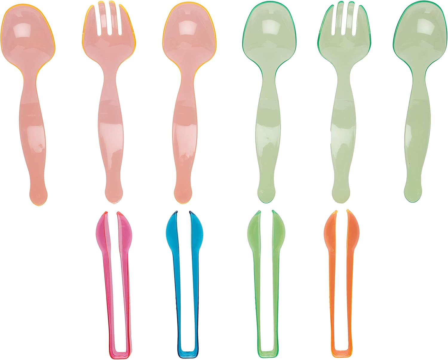 Set of 10 - Heavy Duty Party Disposable Plastic Serving Utensils, Four 10” Spoons and Two Forks, Four 6-1/2” Tongs, Neon Assorted colors