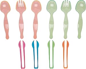 Set of 10 - Heavy Duty Party Disposable Plastic Serving Utensils, Four 10” Spoons and Two Forks, Four 6-1/2” Tongs, Neon Assorted colors