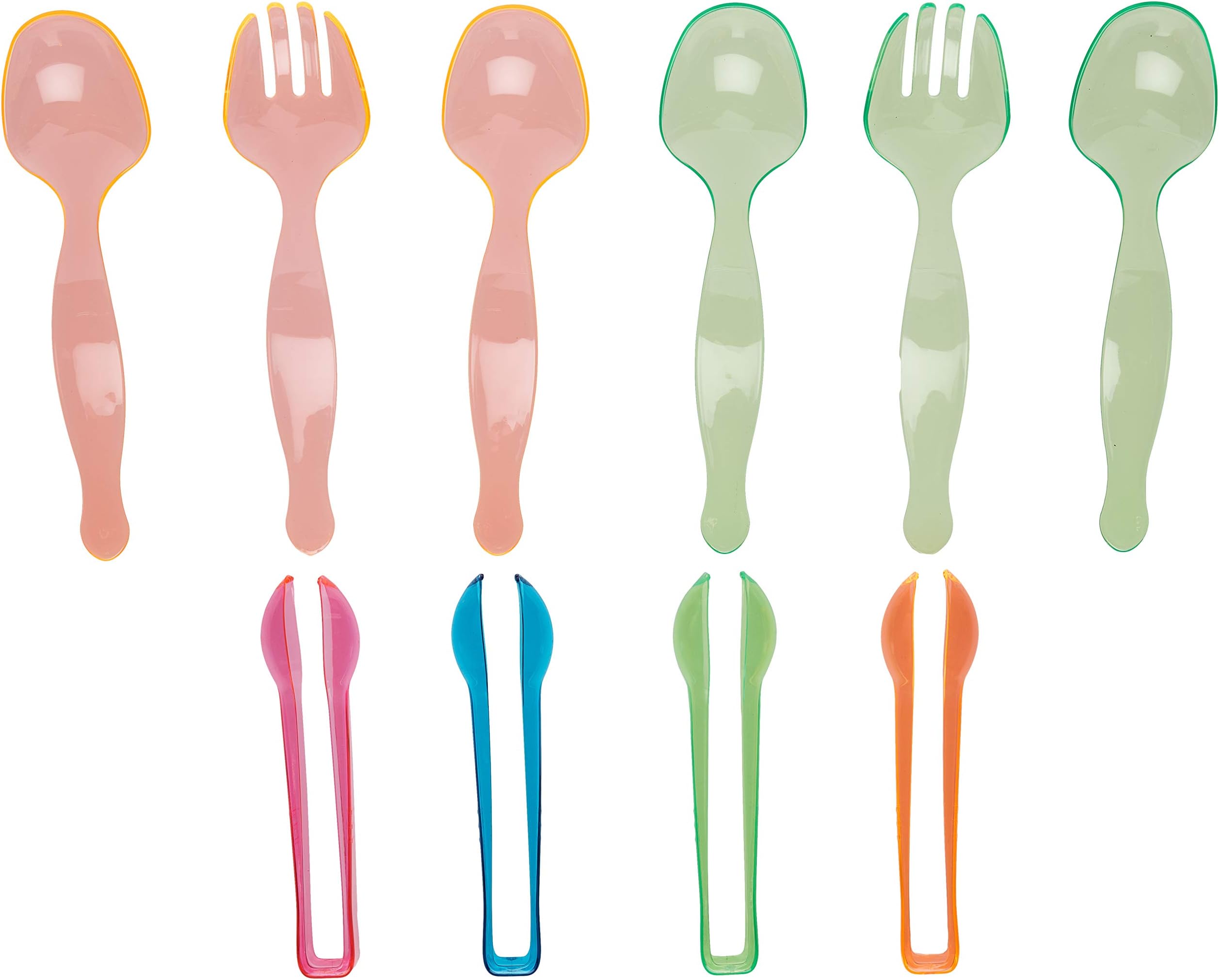 Set of 10 - Heavy Duty Party Disposable Plastic Serving Utensils, Four 10” Spoons and Two Forks, Four 6-1/2” Tongs, Neon Assorted colors