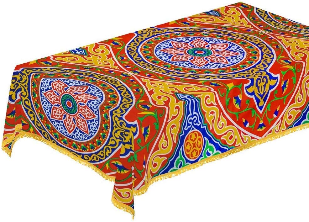 CraftiEgypt Egyptian Ramadan Decorations Colorful Red Printed Khayamiya Pattern Polyester Cotton Tablecloth Cover Top Rectangle 55 Inches 178 cm