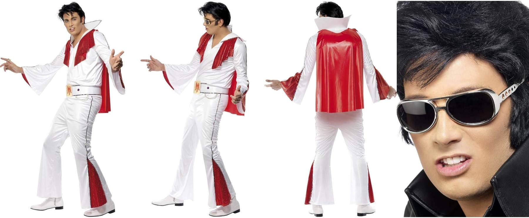 Mens Elvis Presley Fancy Dress Costume White & Red Shirt Trousers Cape & Belt with FREE Elvis Specs 29151 29157 - (Mens UK Medium 38-40 Chest)