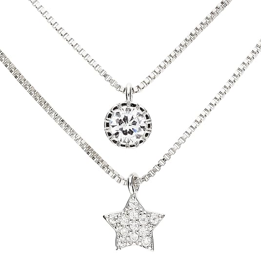 MYA art Damen Halskette Collier 925 Sterling Silber Doppel Mehrreihige Zwei Kette Stern mit einem Solitär Stein Steinchen Anh