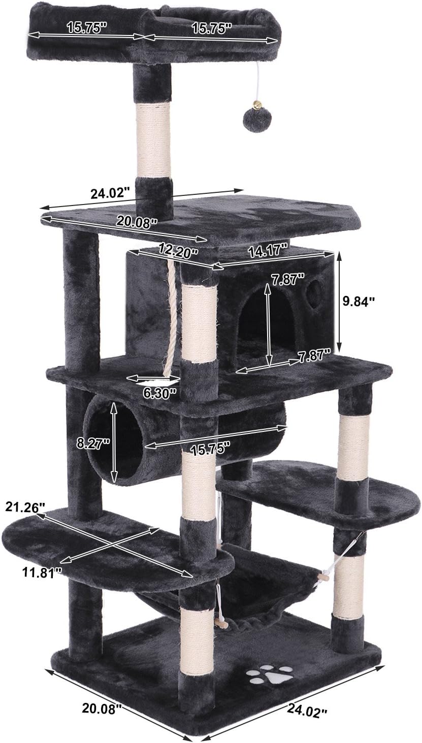 BEWISHOME Cat Tree Condo Furniture Kitten Activity Tower Pet Kitty Play House Playground with Sisal Scratching Posts Perch Hammock Tunnel Grey MMJ02H : Pet Supplies