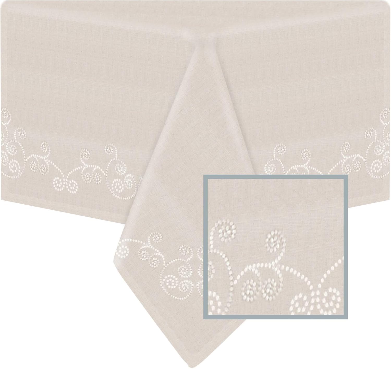 SARO LIFESTYLE Embroidered Swirl Design Linen Blend Tablecloth/001.N67120B, 67" x 120", Natural: Home & Kitchen
